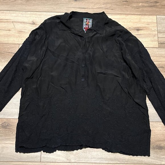 Johnny Was Antik Lace Collared Blouse SZ Small Long Sleeve Embroidered Black - Picture 2 of 14